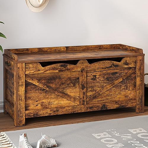Hzuaneri Banc de Rangement - Coffre de Rangement à Couvercle relevable avec 2 charnières de sécurité, Banc Chaussures en Bois pour Chambre à Coucher, entrée, Salle de séjour, Brun Vintage SB04501X