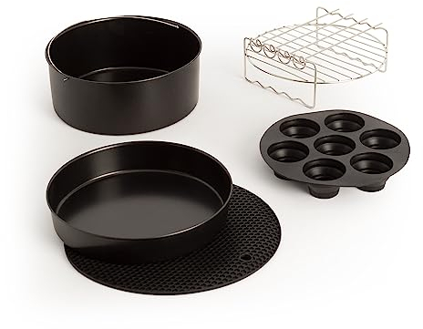 CREATE / Fryer Air Pro Large Tools/Pack de Accesorios para Freidora de Aire de 6.2L / Moldes Magdalenas, Pizzas. Recipientes para Horneados. Rejilla para 4 brochetas, salvamanteles de Silicona.