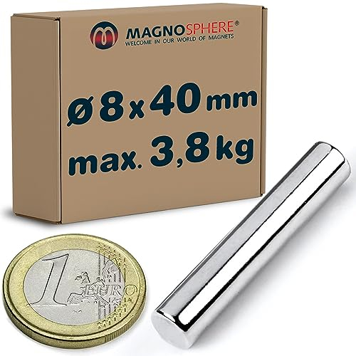Stabmagnet Neodym Magnet-Stab rund extra stark - Haftkraft bis 10 kg - Starke NdFeB Zylinder-Magnete für Industrie und Zuhause, Stückzahl/Größe: 5 Stück - Ø8x40mm | 3.8kg Haftkraft