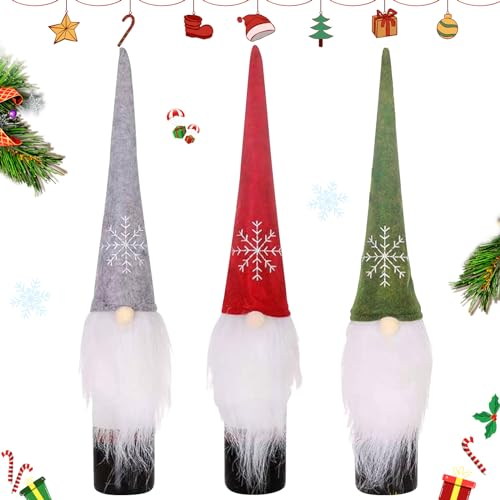 TECHEEL Couverture de Bouteille de Vin de Noël,Lot de 3 Sacs de Vin Gnomes de Noël Ensemble,Décoration de Bouteille de Noël, Festival, fête, Décoration de table (B)