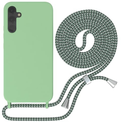 EAZY CASE - Liquid Silikon Handykette - kompatibel mit Samsung Galaxy A34 Soft Silikon Slim Cover, 3-Schichten Kratzfest in Grün mit Halsband Hellgrün Camouflage Metallstücke Silber