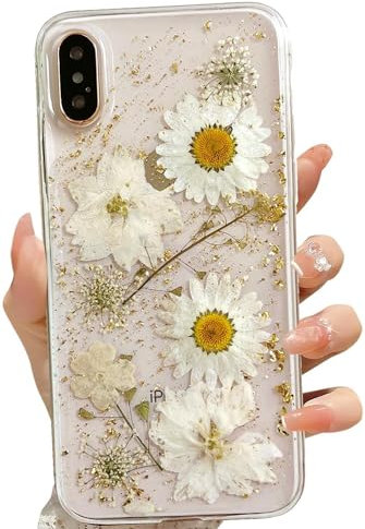 LSEEKA for iPhone X/iPhone Xs Clear Case with Pressed Real Flowers Design,Glitter Cute White Floral Pattern Slim Soft TPU Protective Women Girl's Phone Cover for iPhone X/Xs