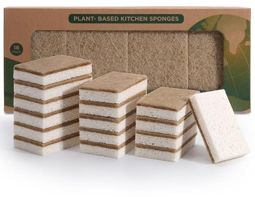 Natural Dish Sponges 16 Pack - Biodegradable Sponge Kitchen Compostable Cellulose Coconut Scrubber - No Scratch Cleaning Sponges