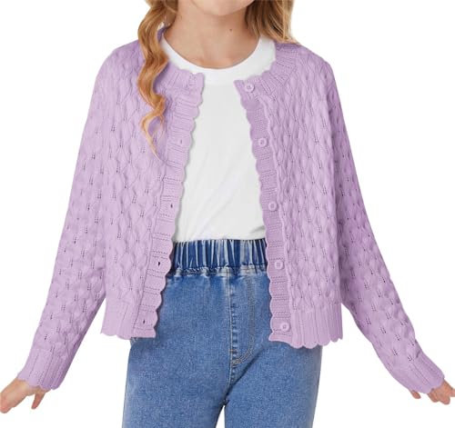GRACE KARIN Lässiges Pullover Mädchen Lange Ärmel Rundhals Knitted Cardigan mit Mustertextur Pink Lila S