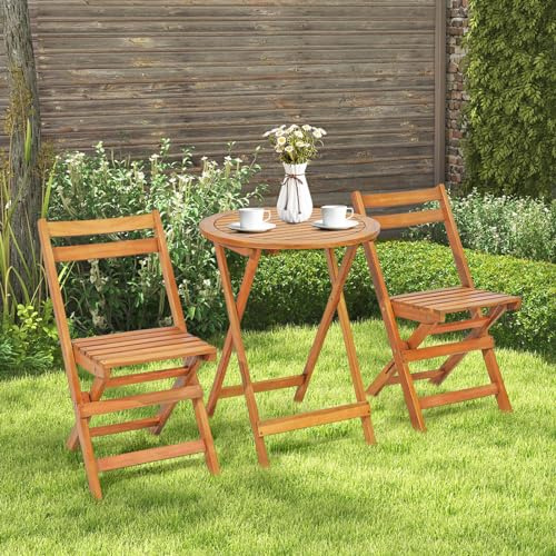 Giantex Table de Jardin Exterieur avec Chaise, 1 Table Ronde et 2 Chaises Bois d'Acacia avec Dossiers, Ensemble Meuble Extérieur, Salon de Jardin 2 Personnes, Table et Chasie Pliantes pour Balcon