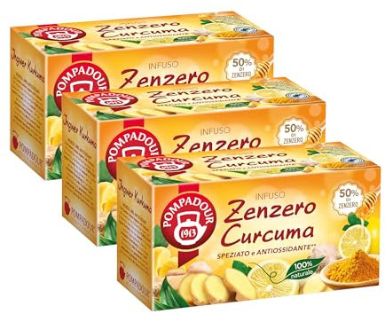 Pompadour, Infuso Zenzero e Curcuma, 60 Filtri (3 Confezioni da 20 Filtri), Depurativo e Speziato, 100% Naturale, Senza Lattosio, Glutine e Allergeni