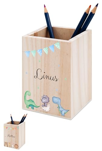 wunderwunsch® - Personalisierter Stiftehalter Kinder aus Holz - Kreativer und praktischer Schreibtisch-Organizer Kinder mit Namen - Perfektes Einschulung Geschenk und Geburtstag (Dinos)