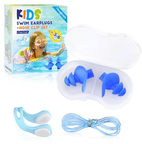 Hearprotek Tapones Oidos Natación Niños, Juego de Pinzas Nariz Natación, Tapones Oidos Silicona Reutilizables Impermeables Clips de Nariz para Nadar, Surfear, Principiantes (1 Pare, Azul)
