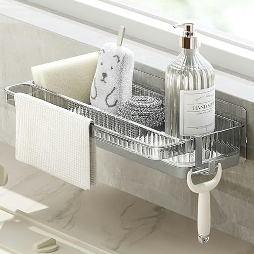 MARIMIYA Porta Spugne Lavello Cucina da Appendere Autoadesivo Senza Foratura, Organizer Lavello per Cucina e Bagno con Vassoio di Raccolta, Grigio