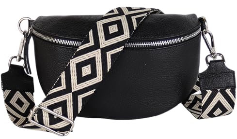 MIRROSI® Bauchtasche Damen, Echtleder, Made in Italy, Umhängetasche, Brusttasche, Crossbody Bag (1 Tasche & 2 Gurte) (Schwarz (Rhombus), Große Tasche (28x18x9cm))