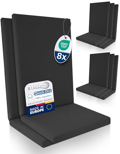 Beautissu 8er Set Premium Hochlehner Auflage 100% Wasserdicht 120x50cm – UV-beständig Bequem Pflegeleicht Waschbar Sitzkissen Gartenstuhl – Quick Dry Polsterauflage Gartenmöbel Stuhlauflage Anthrazit