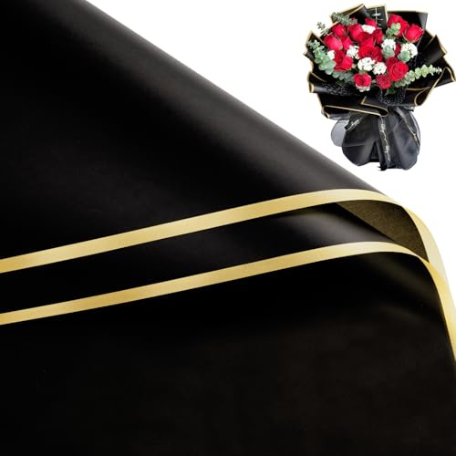 RUSPEPA 20 Blatt Blumen-Geschenkpapier Geschenkpapier – 57 x 57 cm, wasserfest, mit Goldrand, für Blumensträuße – Verpackung für Floristenbedarf, Geburtstage, Hochzeiten und Bastelarbeiten – Schwarz