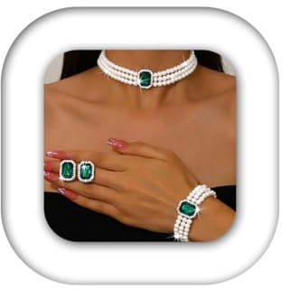 Reaky Pearl Necklaces Set Layered Rhinestone Necklace Bridal Wedding Necklaces for Women (Green)