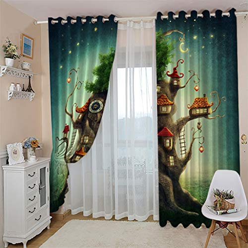 GOKSEL Room Darkening Curtain 2 Panels X W46 inch X L54 inch Treehouses Print Blackout Curtain for Bedroom for Kids Boys Girls Thermal Curtain 3D Blackout Drapes