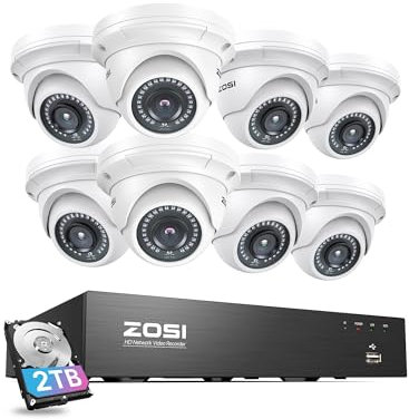 ZOSI 8CH 4K PoE Security Camera System with 2TB Hard Drive, 4pcs 3K 5MP Outdoor Indoor PoE IP Dome Cameras, 8 Ports 16CH 8MP NVR Recorder for 24/7 Recording, Night Vision, Motion Alert, Remote Access