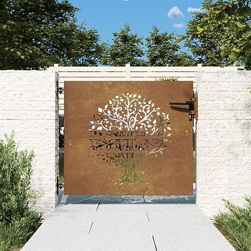 Willood Gartentor 85x100 cm Gartentür mit Bambus-Design, Abschließbar Hoftor Eingangstor für Garten Terrasse, Tor Zauntor Gartenpforte Cortenstahl Baum-Design