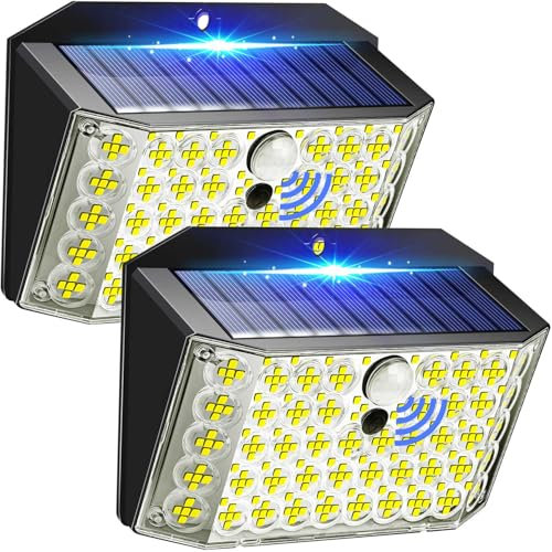 PIKOY Eclairage Exterieur Avec Detecteur, 3 Faces+320°+246LED(Lenticulaire&Plus Lumineux) Projecteur Led Extérieur Solaire [2 Pcs],2200mAh & 8-12h Utilisation+IP65 Luminaire Exterieur Solaire, Ip65