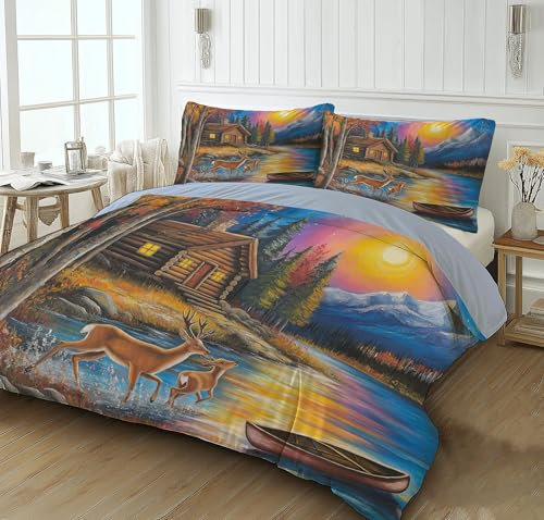 DLERFLOVR Bettwäsche 200x200cm Kitz Bettwäsche Sets Altes Holzhaus im Wald Bettbezug Bügelfrei & Knitterfrei Deckenbezug mit Reißverschluss und Kissenbezug 80x80 cm