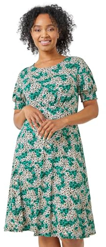 Roman Petite Shirred Sleeve Floral Dress for Women UK Ladies Spring Everyday Summer Holiday Round Neckline Comfy Short Sleeve Soft Fitted Waist Frock Stretch Jersey - Petite Jade - Size 18