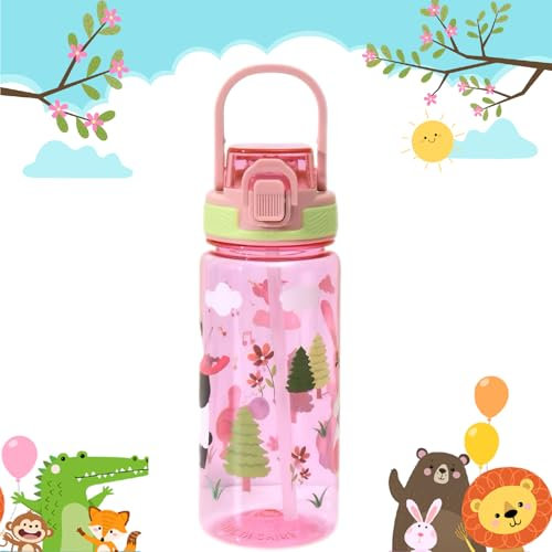 600ml Kids Water Bottles With Straw Clear Kids School Water Bottle with Carry Handle Children's Leakproof Sport Bottle for Girls Boys School Bags Lunch Boxes Travel Adventure (pink)
