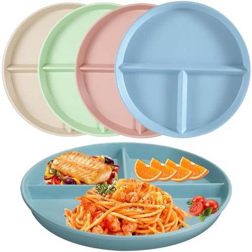 Ezranova 2 pcs Divided Dinner Plates,Reusable Plastic Divider Plates,Unbreakable Divided Dinner Plate Set,Portion Control for Picnic Camping Dessert (Beige,Green)