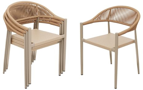Vmopu Essstühle 4er-Set, Gartenstühle Outdoorstühle stapelbar, wasserfester Handgeflochtenes PE Rattan & Aluminium Sessel, für Garten Hinterhof Pool-Bereich Restaurant (Hellbraun)