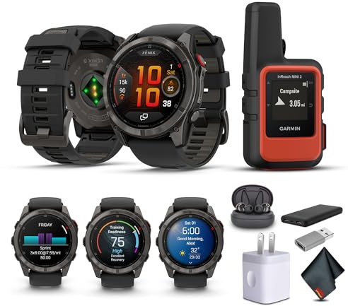 Garmin Fenix 8 Pro 51mm, AMOLED Display, Multisport GPS Smartwatch, Sapphire Carbon Gray DLC Titanium Pebble Gray Silicone Band, Wilderness Bundle with inReach Mini 2 Satellite Communicator and More