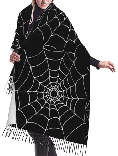 asbwuo Halloween-Schal mit schwarz-weißem Spinnennetz, gebürsteter Schal für Damen, Schal mit Kaschmir-Feeling, Quaste, kariert, große übergroße Schals
