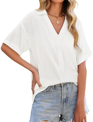 PASUDA Camicia Donna Estiva Lino Camicetta Manica Corta Elegante Blusa Scollo a V Maglietta con Bottoni Moda Casual Tinta Unita Tunica Copricostume Mare Tops(Bianco,S)