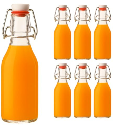 hocz 6x leere Bügelflaschen 250ml zum Befüllen Weiß - kleine Flaschen mit Bügelverschluss - 6er Bügel Glasflaschen Set für Saft, Getränke, Likör, Öl, Saucen - 6 Stück, 250 ml, Weiß, Rund
