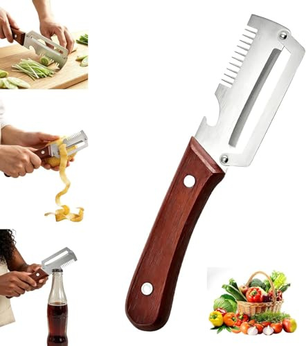 Pelador de Patatas y Verduras 3 en 1, Acero Inoxidable | Pela, corta en tiras y abre botellas; hoja afilada y mango de madera ergonómico