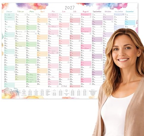 TOBJA® DIN A2 Wandkalender 2027 Aquarell Splash Querformat – Jahresplaner mit Schulferien DE+AT, KW, große Felder zum Eintragen, Feiertage – Rückseite Jahresplanung | Jahreskalender A2