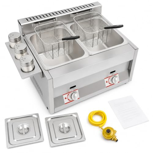Tenddya Gas Fritteuse, Doppeltank 2x6L, 50-380°C, Edelstahl, Gastronomie | 430 Edelstahl,genietet,LPG,Deckel,Körbe,Abtropfhaken,Gewürzbecher,Antirutschfüße,Wärmeabzug,Flammfenster,energiesparend