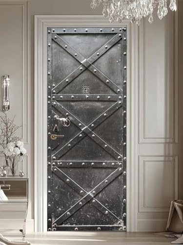 FLFK 3D Door Sticker Peel and Stick 77x200cm- Self-Adhesive Door Wraps Wall Murals Poster Wallpaper Decals Vintage Iron Gate for Bedroom Decor(2Pcs/Set)