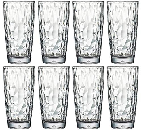 VEILEDGEM [Look Like Glass] 450ml 8-Piece Premium Unbreakable Drinking Glasses Plastic Tumblers Dishwasher Safe BPA Free Acrylic Juice Glasses Highball Water Glasses (Clear)