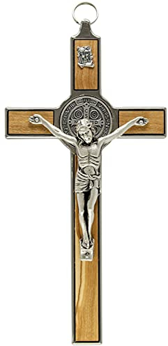 Motivationsgeschenke Benediktus Wandkreuz aus Olivenholz | Jesus Korpus aus Metall | Rückseite mit Heiligen Benedikt | modernes Kruzifix | inklusiv Wandhalterung | (20 x 9,5cm)