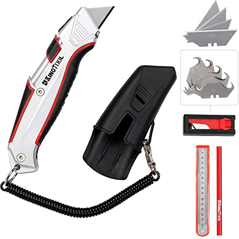 KingTool Self-Retracting Box Cutter with Holster & Belt Clip, Auto Retractable Safety Utility Knife with Total 10PCS SK5 blades, Aaluminum Shell with Rubber Grip, Sturdy & Strong