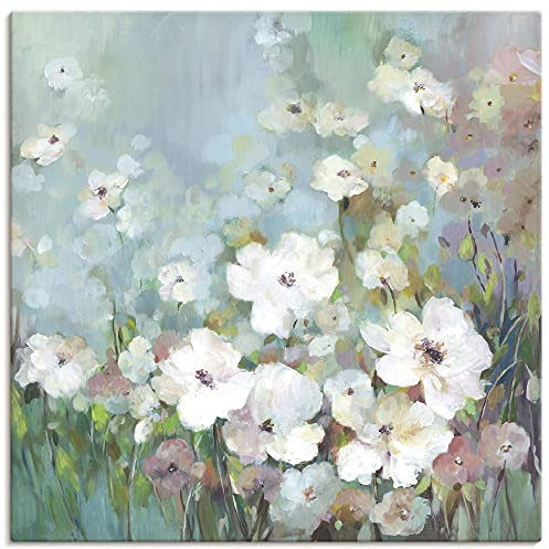 ARTLAND Wanddeko Leinwand Bilder Wandbild 100x100 cm Gemälde Blumenwiese Blüten Natur Blumen Boho Shabby Chic U2RR