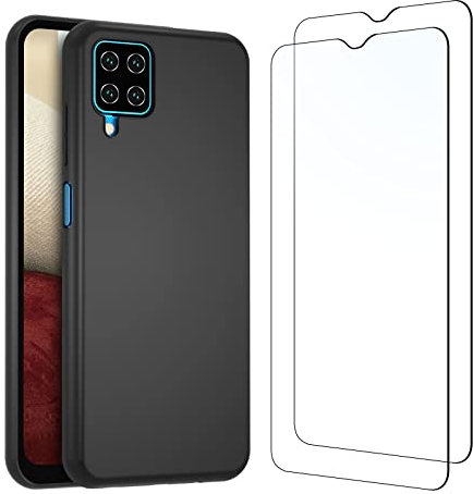 NEW'C Funda para Samsung Galaxy A12, M12 Carcasa Silicona Negra y 2X Protector de Pantalla para Samsung Galaxy A12, M12 Cristal Templado - Antiarañazos