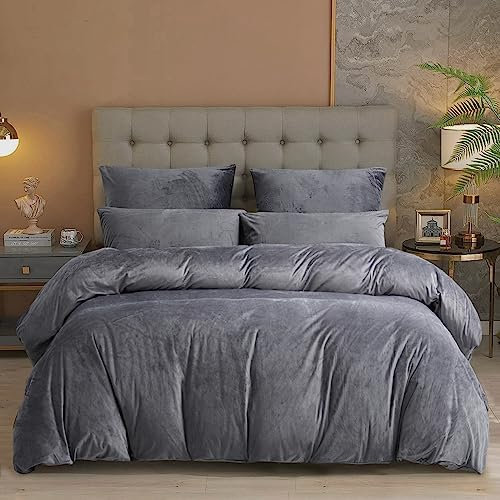 Damier Winter Plüsch Bettwäsche 200x220cm Grau Dunkelgrau Cashmere Touch Warme Bettwäsche Set 3 Teilig - 1 Bettbezug 200 x 220 cm Reißverschluss und 2 x Kopfkissenbezug 80 x 80 cm