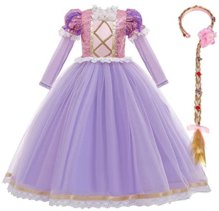 Mädchen Rapunzel Prinzessin Kostüm Kinder Grimms Karneval Tangled Märchen Partykleid Halloween Festival Geburtstag Fotoshooting Magie Faschingskostüm Festkleid Rosa lila lange Ärmel 5-6 Jahre