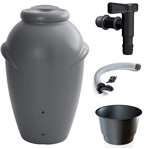 Prime Garden® Aqua-Can Regenamphore Regentonne Regenwassertank Regenwassertonne Wasserspeicher mit Wasserhahn und Verbindung zum Garten Terrasse (210L, Grau)