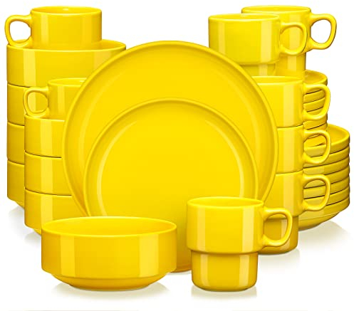 LOVECASA Juego de Vajillas Redondos de 32 Piezas, Vajilla de Porcelana, Cada Una con 8 Cuencos, 8 Tazas, 8 Platos de Postre y 8 Platos de Cena, Amarillo