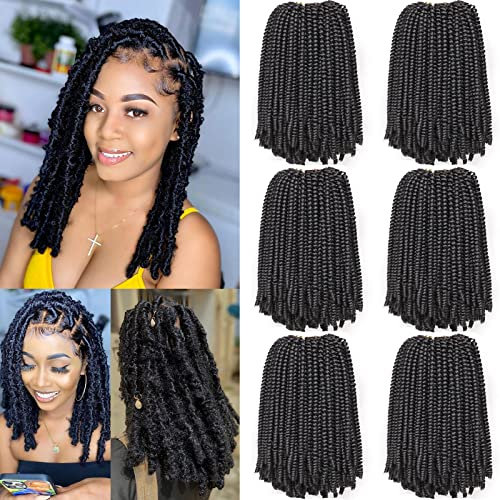 Xtrend 10 Inch 6 Packs Spring Twist Hair For Butterfly Faux Locks Short Crochet Braids Hair Synthetic Black Spring Curl Hair Extension For Women (1B#)