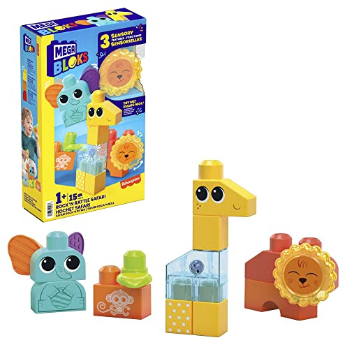 MEGA HKN42 - MEGA Bloks Safari Spiel-Set, 15 sensorische Bausteine (Löwe, Giraffe und Elefant), Bauklotz Spielzeug, Konstruktionsspielzeug für Kinder ab 1 Jahr