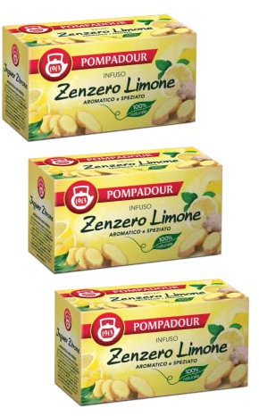 Pompadour 1913 | Infuso Zenzero Limone | Tisana Aroma Speziato | Tè Naturale Senza Caffeina - 3 x 20 Filtri di Tè (108 Gr)