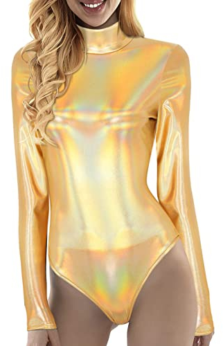 Damen Glänzende Ballettanzug Ballettbody Sport Tanz Body Gymnastikanzug Trikot Langarm Bodysuit Metallic Wetlook Einteiler Turnanzug Leotards Overall Lack Leder Oberteile Tops Kostüm (Gold, XXL)