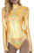 Damen Glänzende Ballettanzug Ballettbody Sport Tanz Body Gymnastikanzug Trikot Langarm Bodysuit Metallic Wetlook Einteiler Turnanzug Leotards Overall Lack Leder Oberteile Tops Kostüm (Gold, XXL)