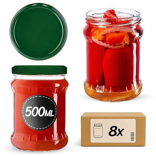 KADAX 8er Set Einmachgläser 500ml TO82 Grün, Sturzgläser Mason Jar mit Schraubdeckel, Luftdichte Twist-off Gläser, Meal Prep, Overnight Oats, Sauerteig