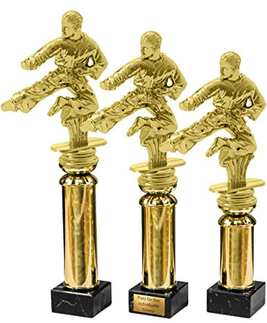 eberin · Kickboxen Pokal · Judo · Karate · Jiu-Jitsu · Taekwondo · Aikido · Kämpfer auf Goldsäule/Marmor schwarz · Auszeichnung · Pokal · in 3 Größen erhältlich · mit oder ohne Gravur · (24,9 cm)